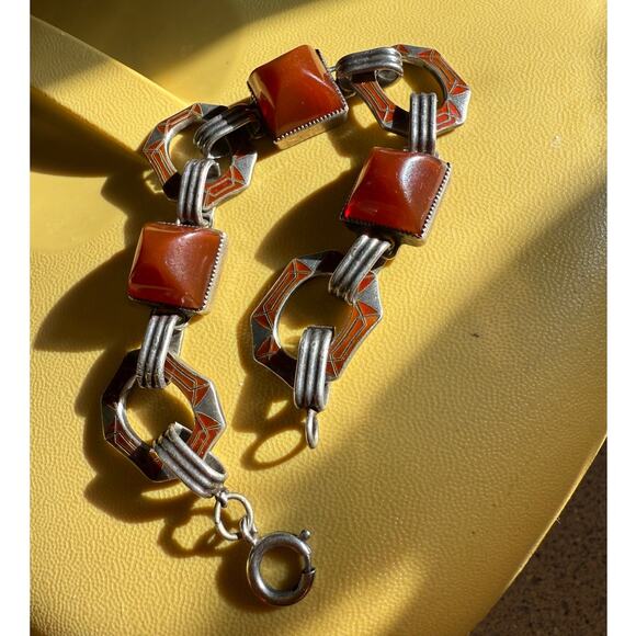 Vintage Art Deco Sterling Red Enamel Bracelet Carnelian Sard Pyramid Cabochon - Picture 1 of 11